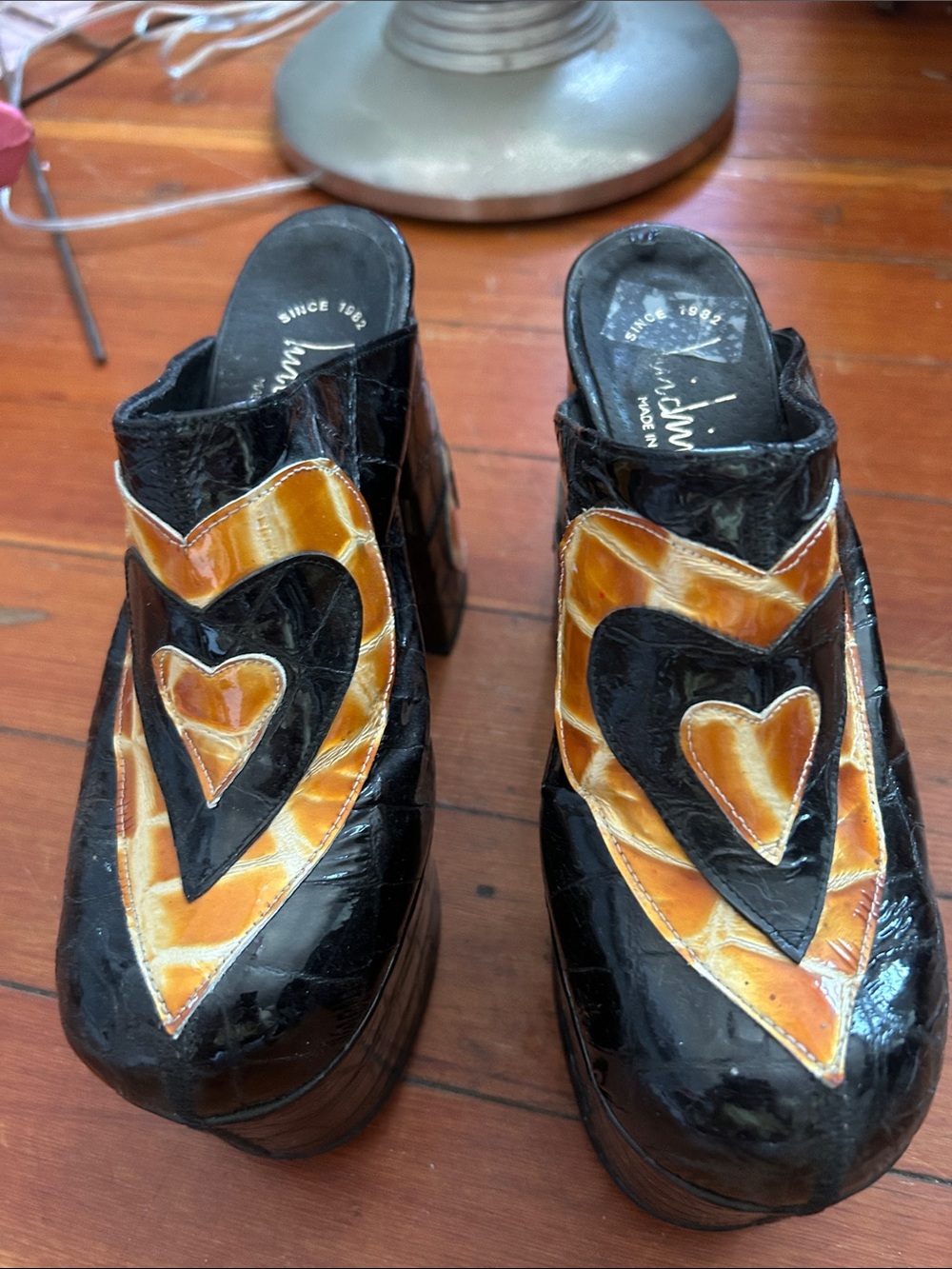 Vintage-Inspired Black and Orange Platform Mules by